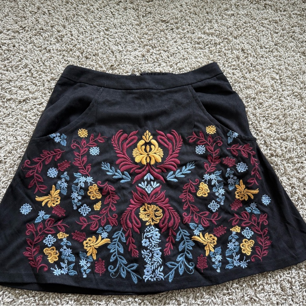 Embroidered Black Skirt with Floral Design